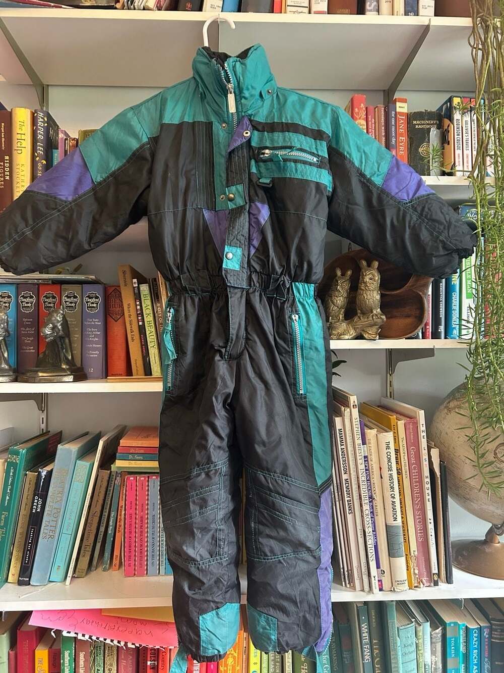 Vintage Windbreaker 90s Teal Black Purple One Piece Kids Ski Suit Snowsuit